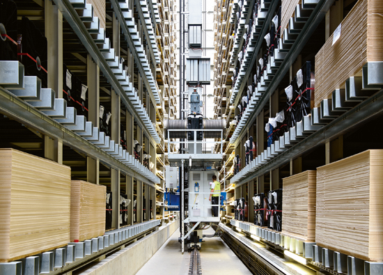 Stacker crane in rack aisle