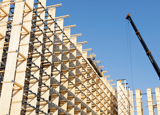 High-bay warehouse in wooden construction is currently being built